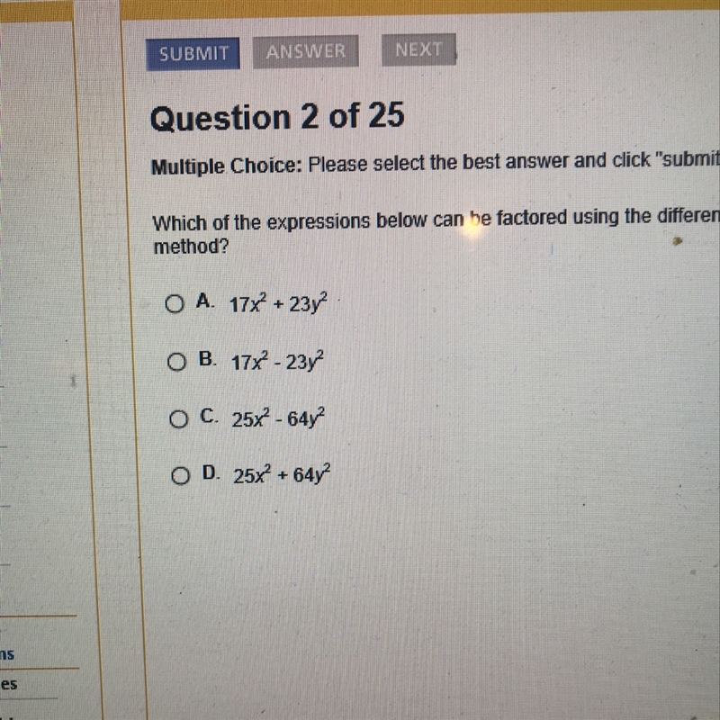 Which of the expressions below can be factor using the difference of squares method-example-1