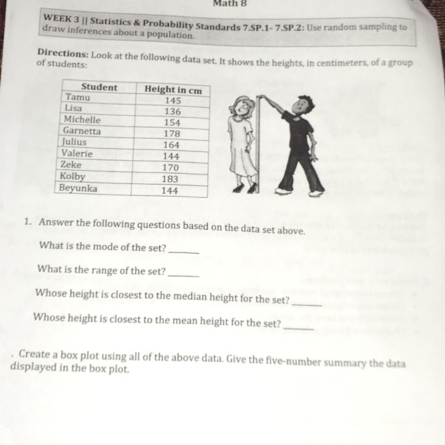 1.what is the mode of the set 2. What is the range of the set 3. Whose height is closest-example-1