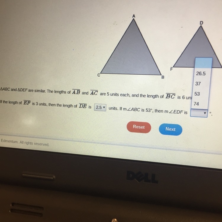 If m ABC is 53 degrees then m EDF is ?-example-1