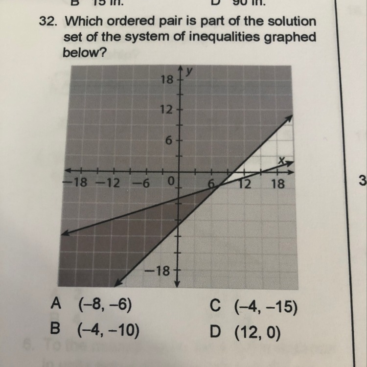 Which ordered pair is part of the solution set of the system of inequalities graphed-example-1