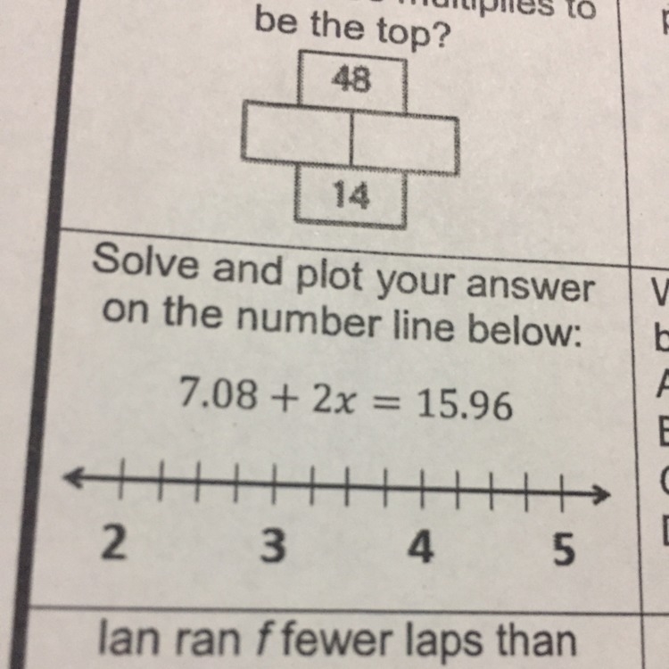 Solve and plot your answer on the number line below: 7.08 + 2x=15.96-example-1