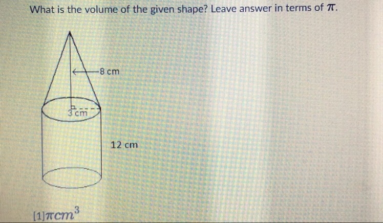 What is the volume of the given shape? Leave answer in terms of π.-example-1