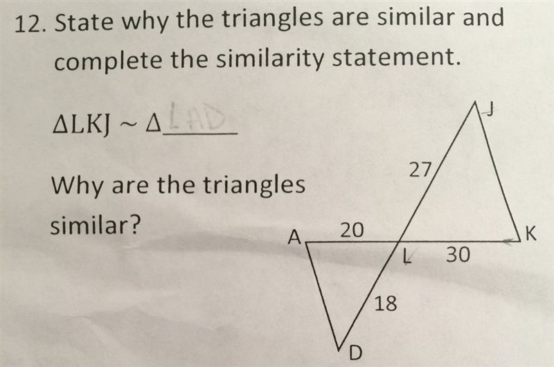 State why the triangles are similar and complete the similarity statement-example-1