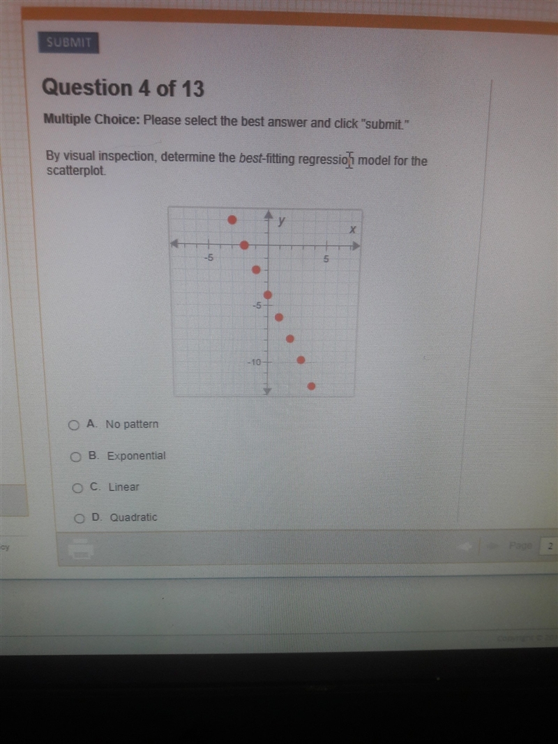 By visual inspections, determine the best fitting regression model for the scatterplot-example-1