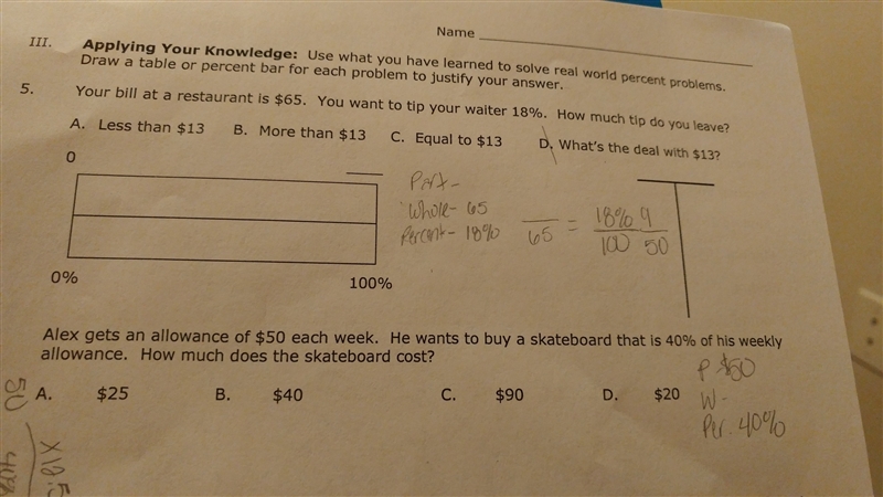 your bill at a restaurant is $65. you want to tip your waiter 18%. how much tip do-example-1