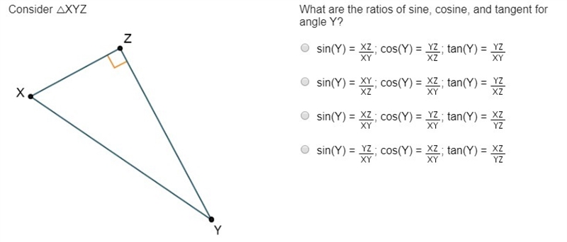 Writing Trigonometric Ratios - Consider △XYZ What are the ratios of sine, cosine, and-example-1