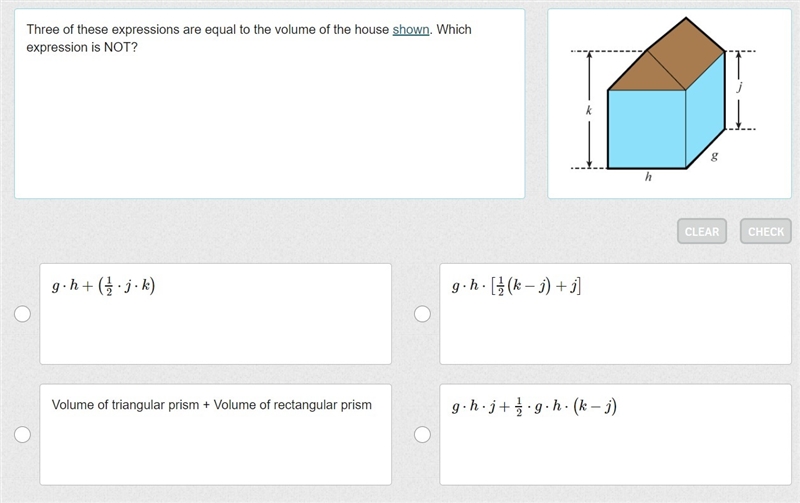 Three of these expressions are equal to the volume of the house shown. Which expression-example-1