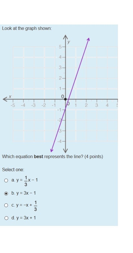 Please help. I think its B since the y-intercept is -1 and it rises up 3 and goes-example-1