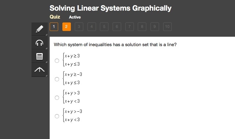 Which system of inequalities has a solution set that is a line?-example-1