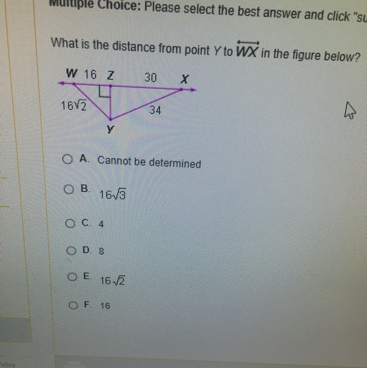 What is the distance from the point Y to WX in the figure below? PLEASE HELP ASAP-example-1