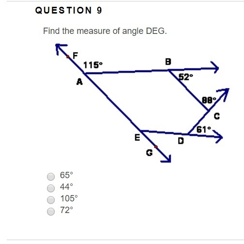 Find the measure of angle DEG. image of five-sided polygon ABCDE with a ray extending-example-1