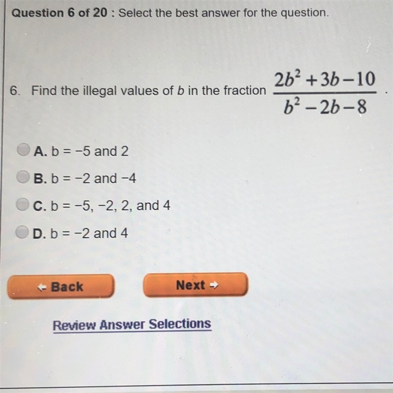 Find the illegal values of b in the fraction.-example-1