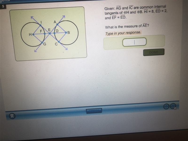 Given: AG and IC are common internal tangents of H and B. HI = 8, ED = 2, and EF = ED-example-1