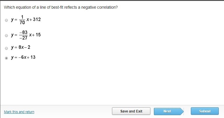 Which equation of a line of best-fit reflects a negative correlation?-example-1