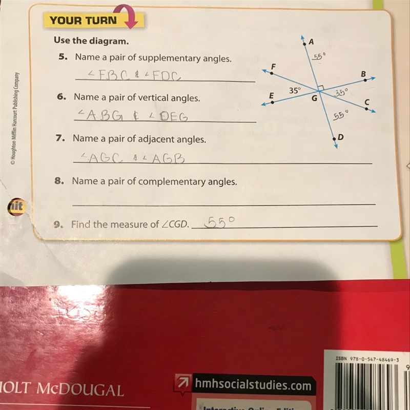 Name a pair of complementary angles.-example-1