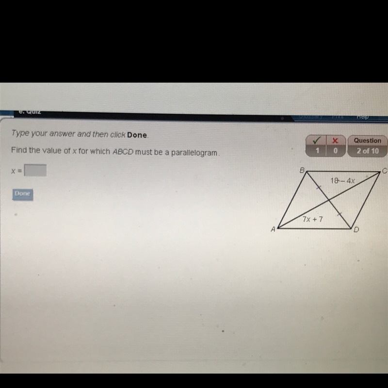 Find the value of x for which ABCD must be a parallelogram-example-1