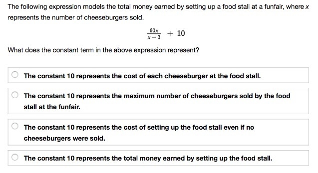 The following expression models the total money earned by setting up a food stall-example-1