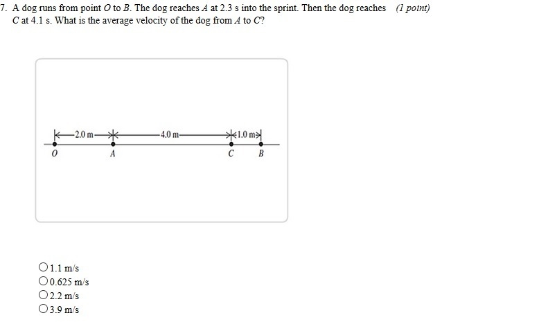 A dog runs from point O to B. The dog reaches A at 2.3 s into the sprint. Then the-example-1