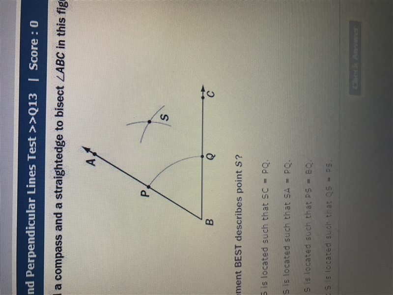 PLEASE ANSWER A student used a compass and a straightedge to bisect /ABC in this figure-example-1