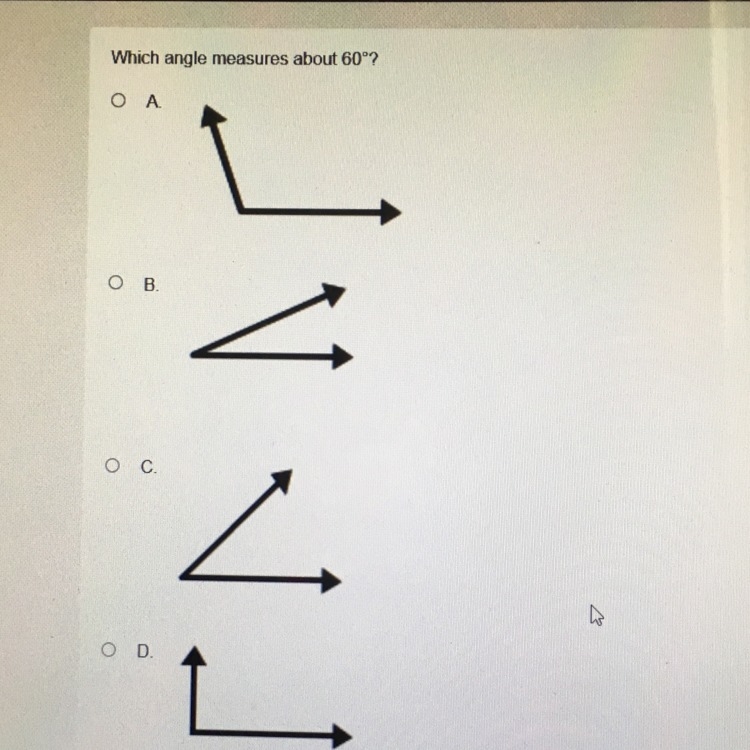 Which angle measures about 60?-example-1