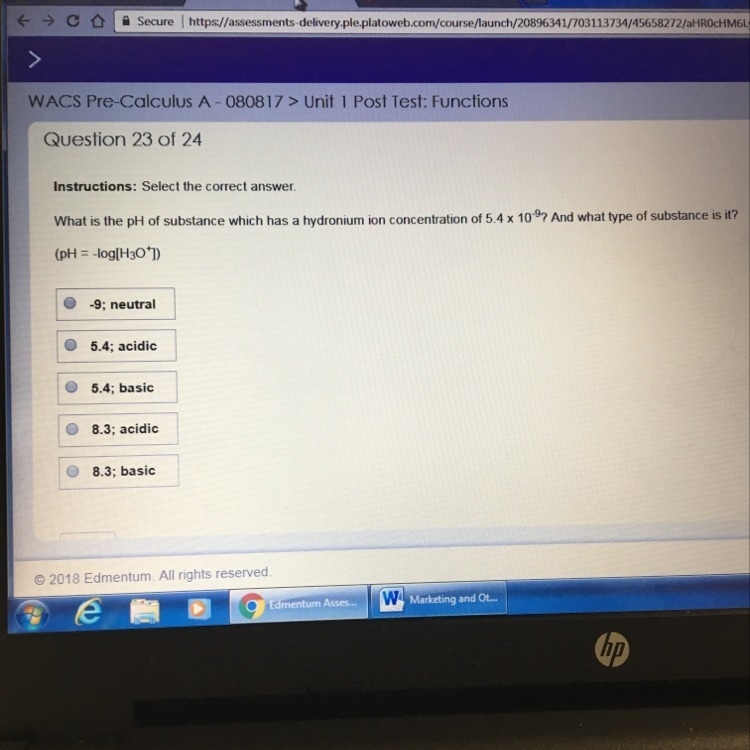 Pre calculus help!! pH of substance which has a hydronium ion concentration? help-example-1