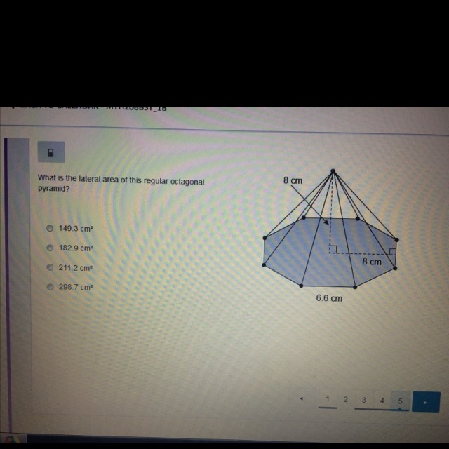 ASAP What is the lateral area of this regular octagonal pyramid?? Explain your answer-example-1