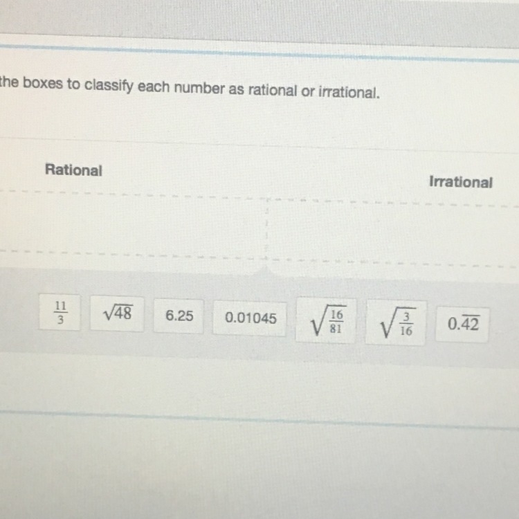 HELP PLEASE!!!! Drag the values into the boxes to classify each number as rational-example-1