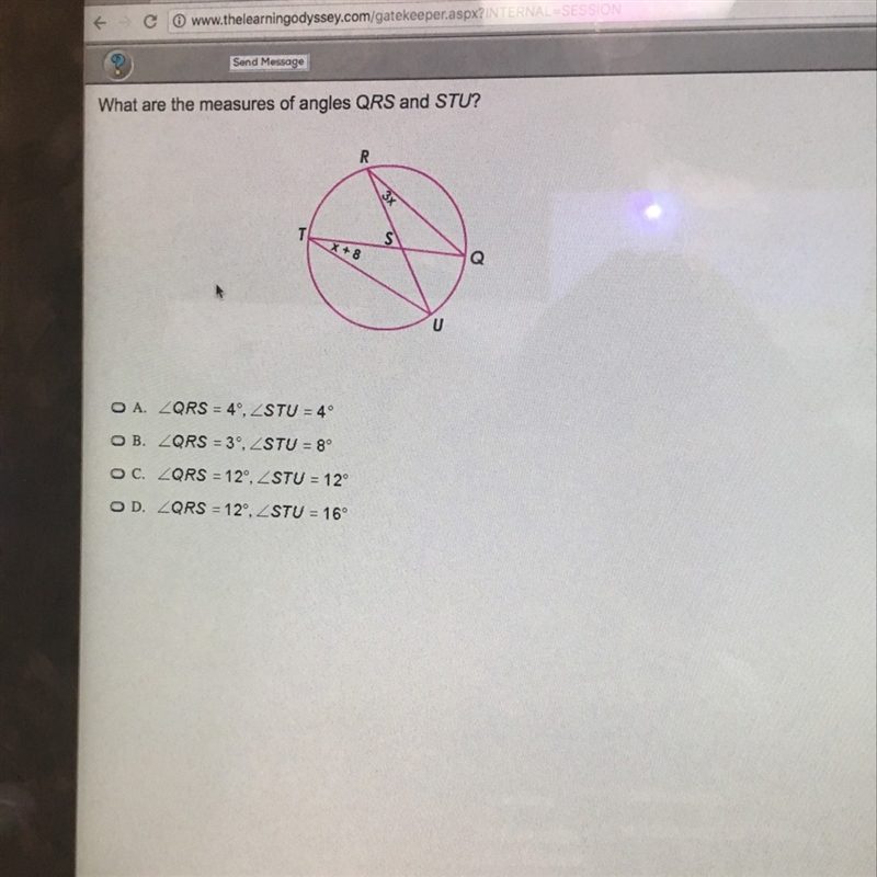 What are the measures of angles QRS and STU ?-example-1