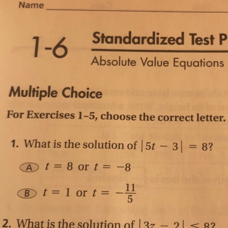 What’s the solution of |5t-3|=8-example-1