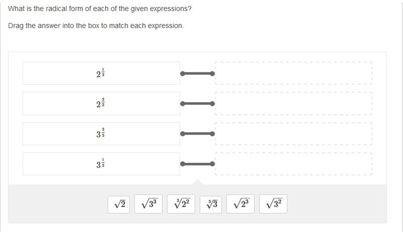 PLEASE HELP 50 POINTS What is the radical form of each of the given expressions? Drag-example-1