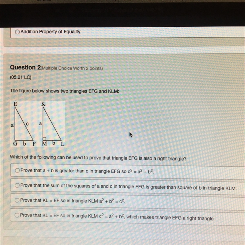 Which of the following can be used to prove that triangle EFG is a right triangle-example-1