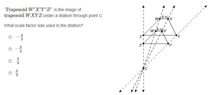 Trapezoid W′X′Y′Z′ ​ is the image of trapezoid WXYZ under a dilation through point-example-1