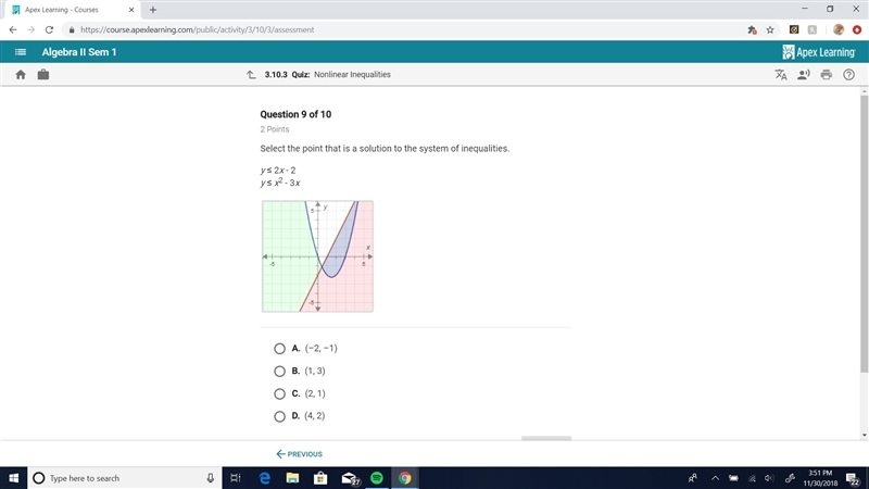 Select the point that is a solution to the system of inequalities y≤2x-2 y≤x^2-3x-example-1