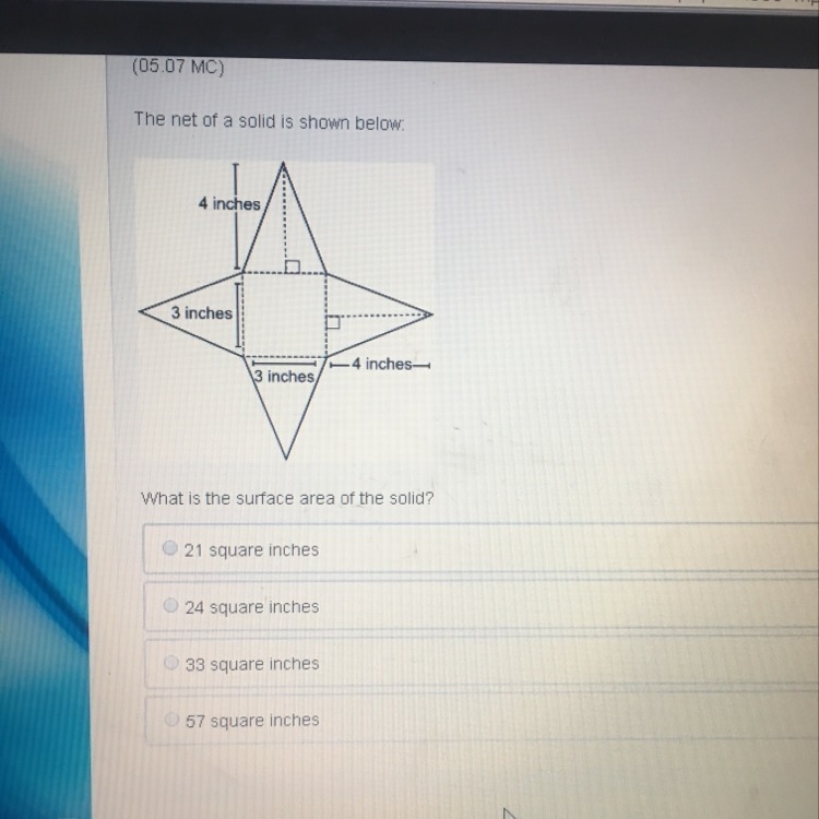 The net of a solid is shown below: What is the surface area of the solid? 21 square-example-1