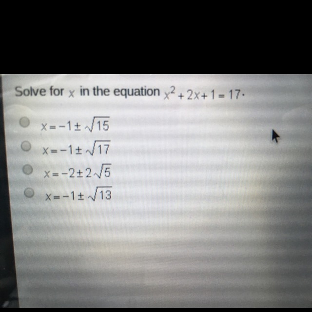 Solve for x in the equation x^2 + 2x + 1 = 17-example-1