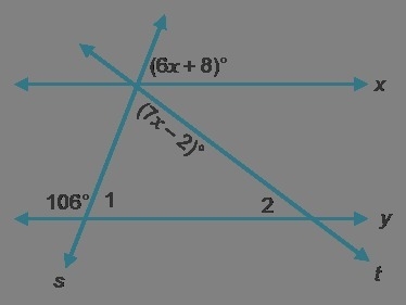 Please help I'm dumb (つ﹏<)･ﾟ｡ Lines x and y are parallel. Given the diagram, which-example-1