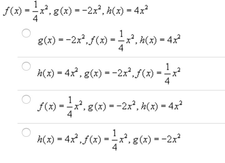 Order the functions from the narrowest graph to the widest graph. PLEASE HELP!!!-example-1