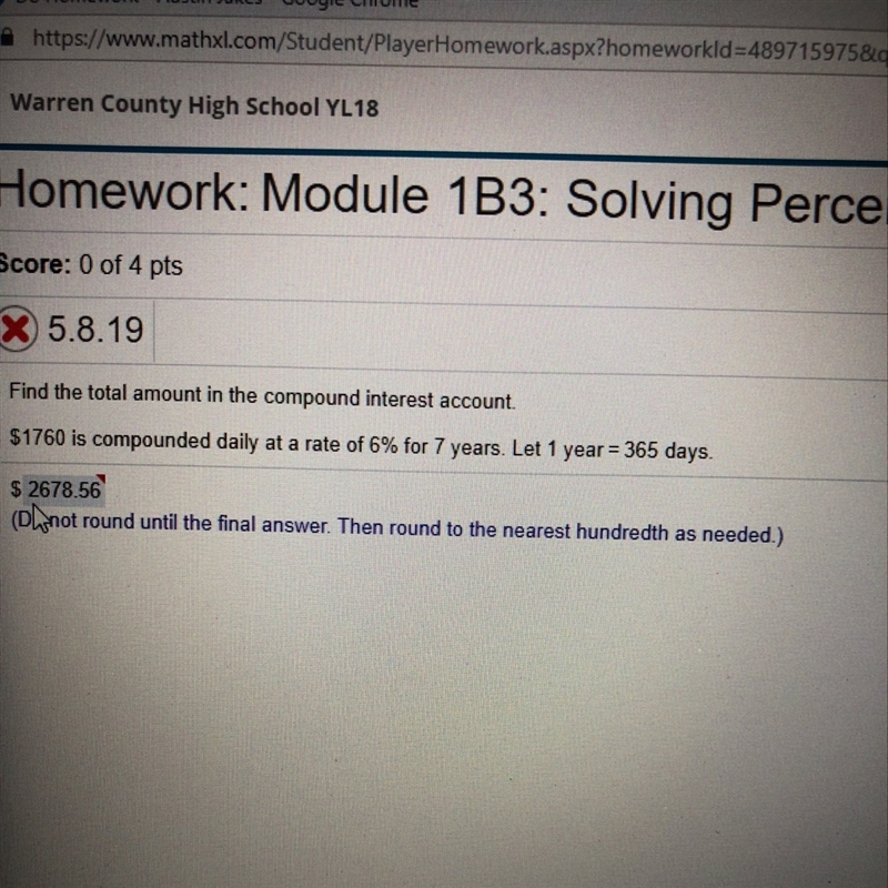 1760 is compounded daily at a rate of 6% for 7 years-example-1