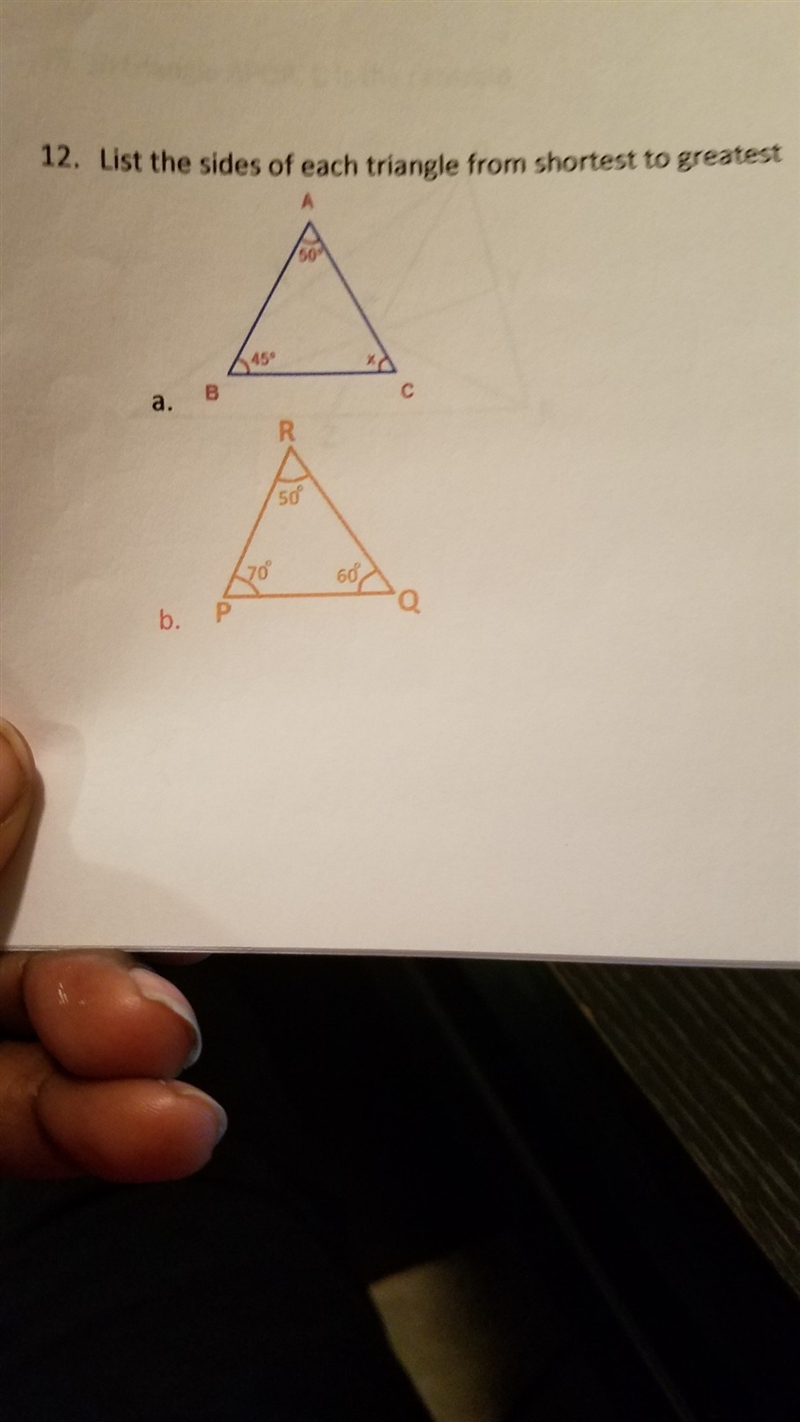 List the sides of each triangle from shortest to greatest-example-1