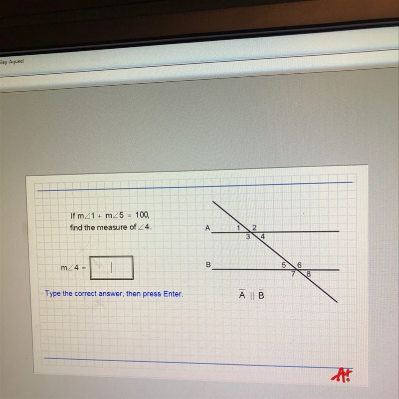 If M<1 + M<5 =100 Find the measure of <4-example-1