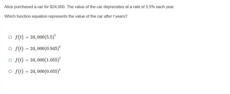 Alice purchased a car for $24,000. The value of the car depreciates at a rate of 5.5% each-example-3