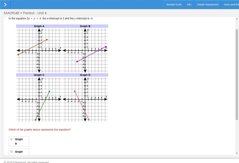 In the equation 2x - y = 4, the x-intercept is 2 and the y-intercept is -4.-example-2