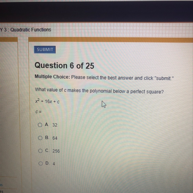 Which value of c makes the polynomial below a perfect square-example-1