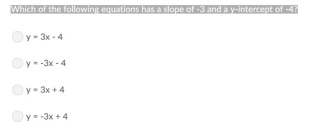 Which of the following equations has a slope of -3 and a y-intercept of -4?-example-1