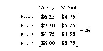 Matrix M shows the one-way fares for four commuter train routes. If the rail service-example-1