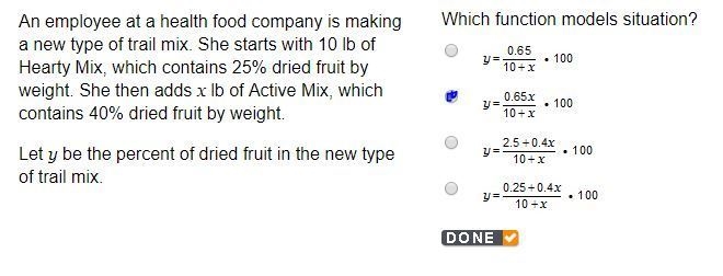 An employee at a health food company is making a new type of trail mix. She starts-example-1