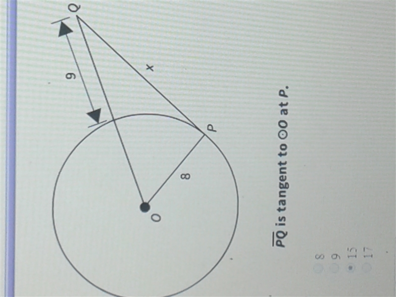 Point O is the center of the circle. What is the value of x? a. 8 b. 9 c. 15 d. 17-example-1