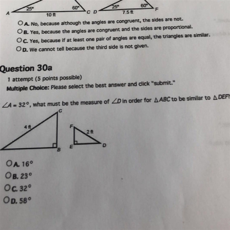 QUESTION 30A ! if a=32 what must measure of D in order for abc to be similar to def-example-1