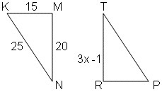 Triangle KMN is congruent to triangle PRT. Find the value of x.-example-1