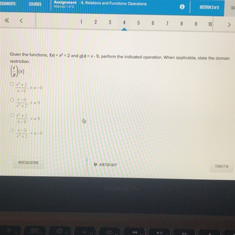 Given the functions , state the domain restriction.-example-1